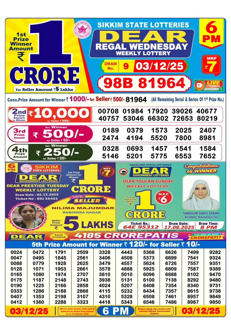 Download Result Of Nagaland state Dear Weekly Lottery Draw 03-12-2025 at 6 PM