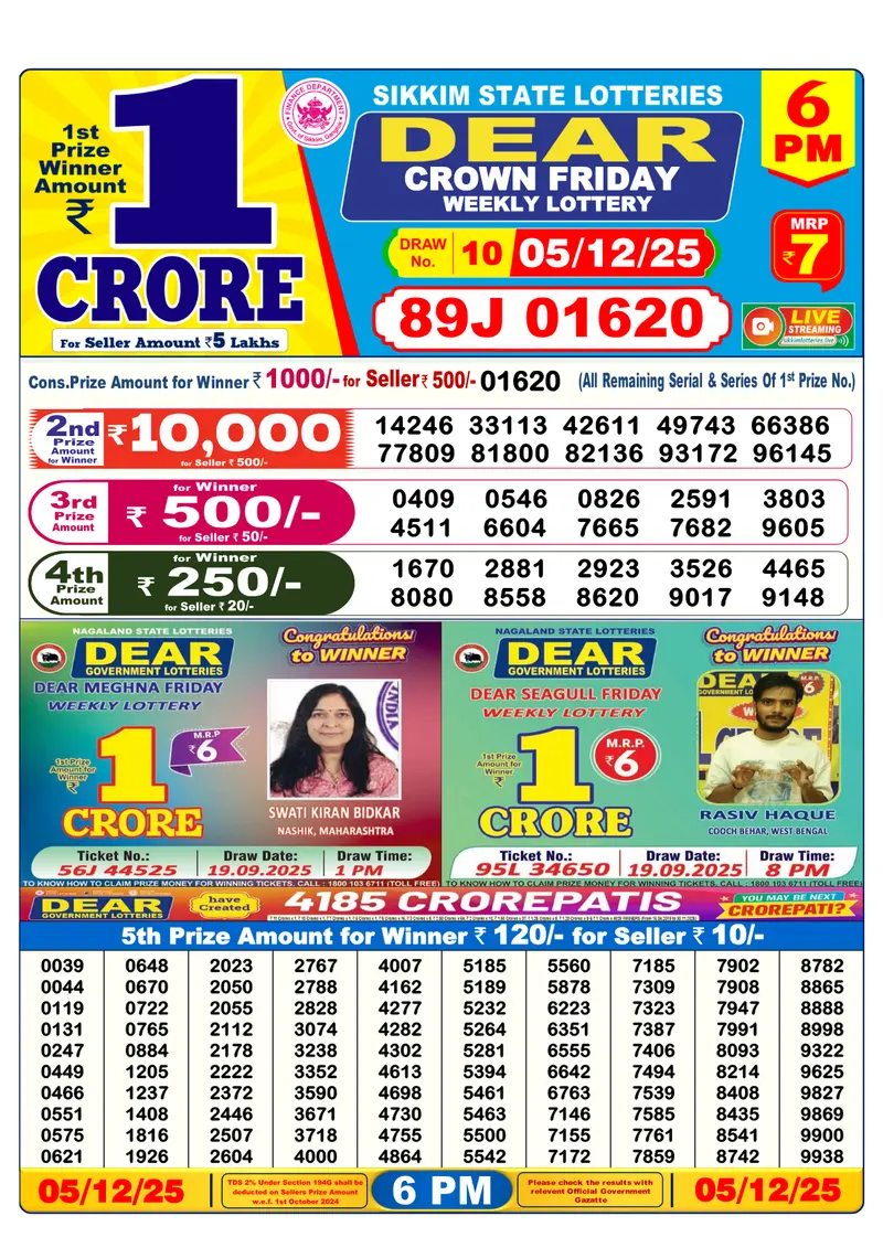 Download Result Of Nagaland state Dear Weekly Lottery Draw 05-12-2025 at 6 PM